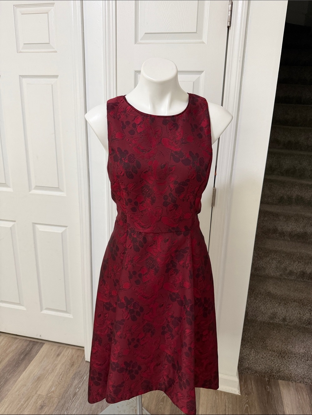 White House Black Market Burgundy and Black Floral Fit-and-Flare Midi Dress - Picture 2 of 9
